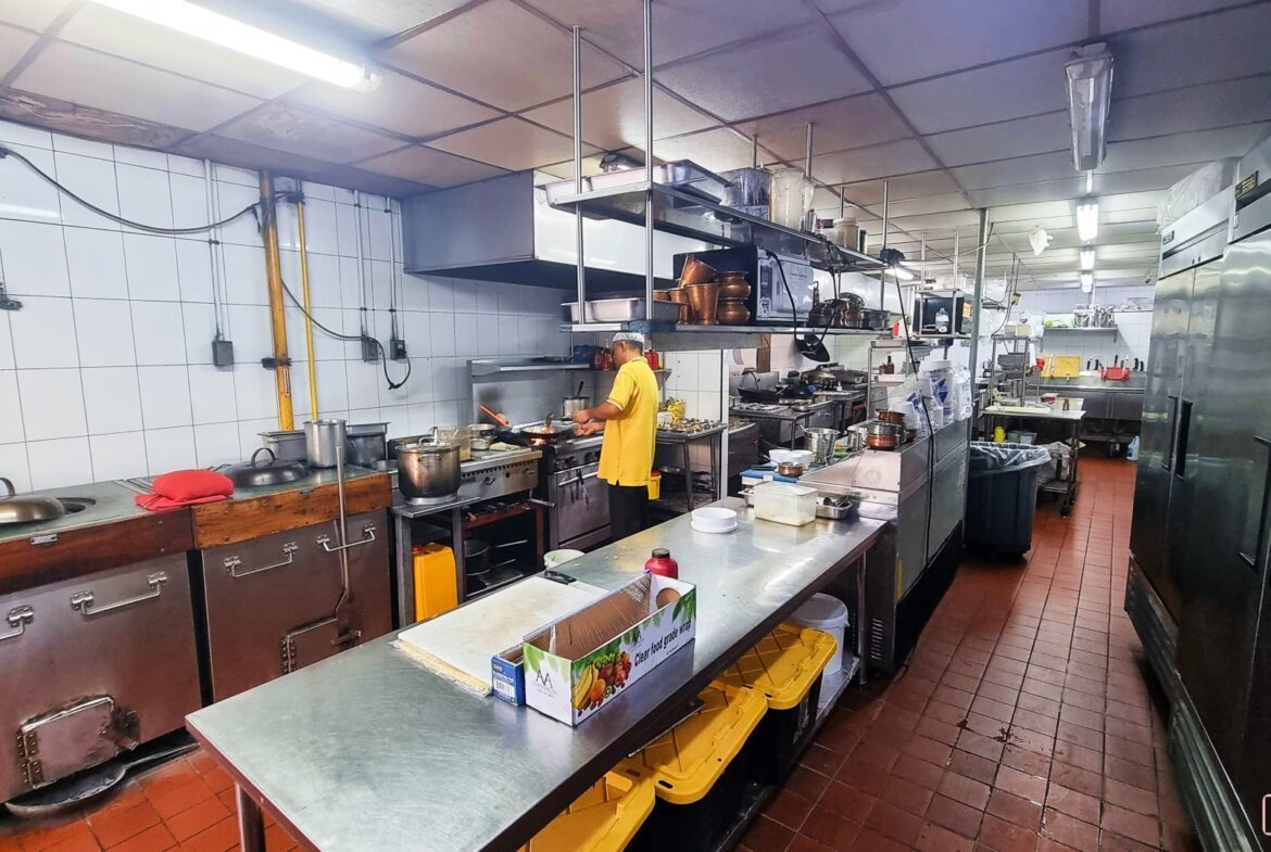 Stainless steel kitchen equipment in a commercial kitchen setting. "Prime Restaurant Space"