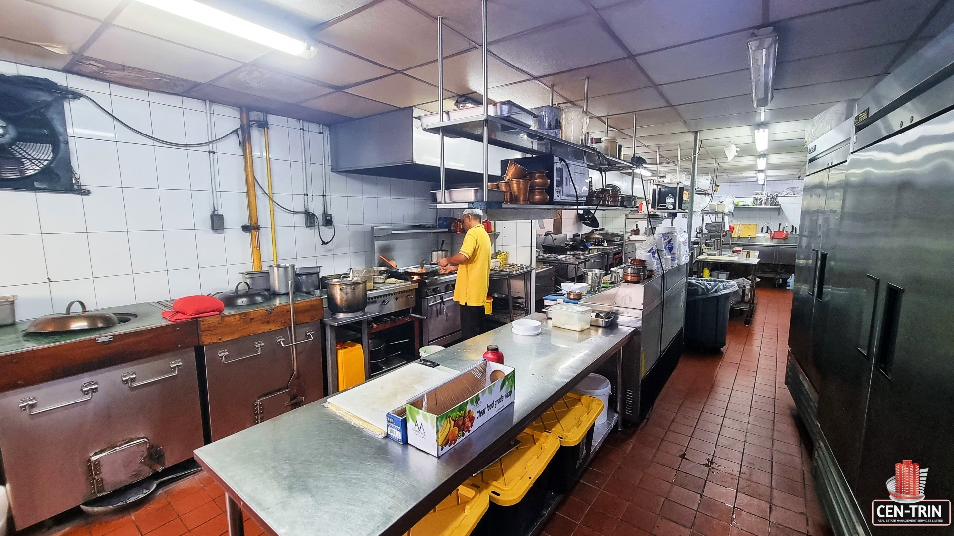 Stainless steel kitchen equipment in a commercial kitchen setting. "Prime Restaurant Space"