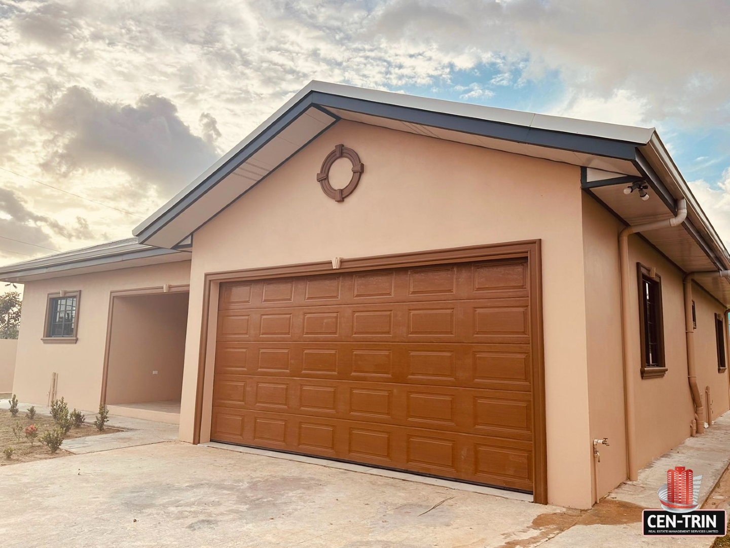 Modern house with a large brown garage door