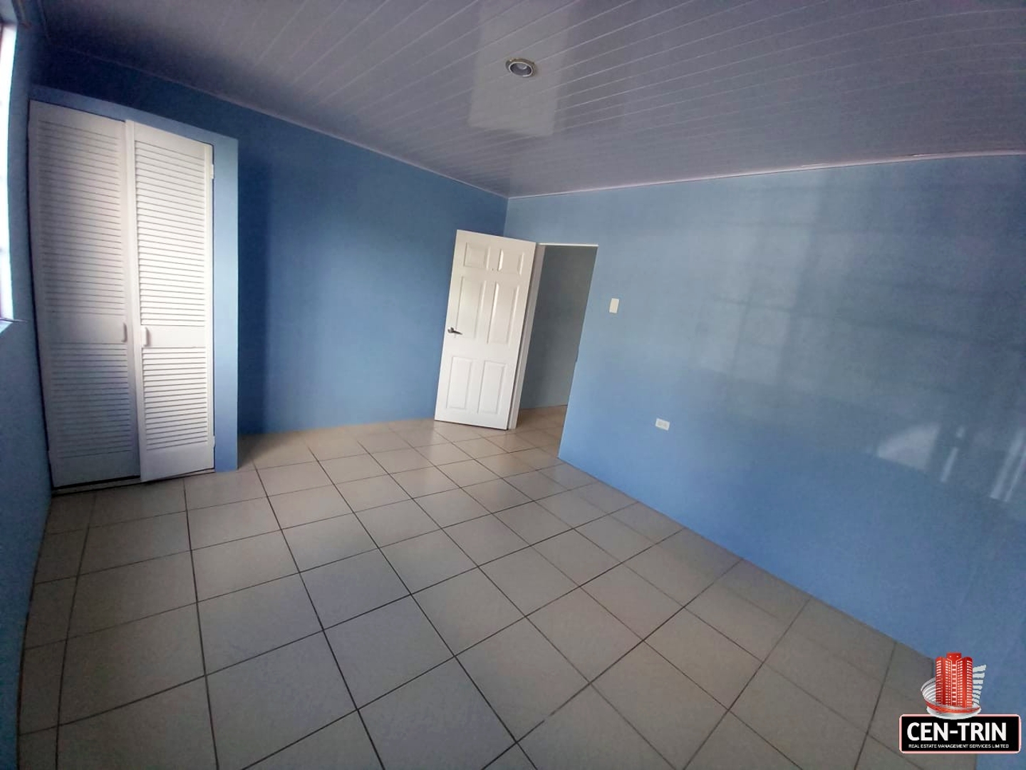 Empty room with blue walls and a white door.