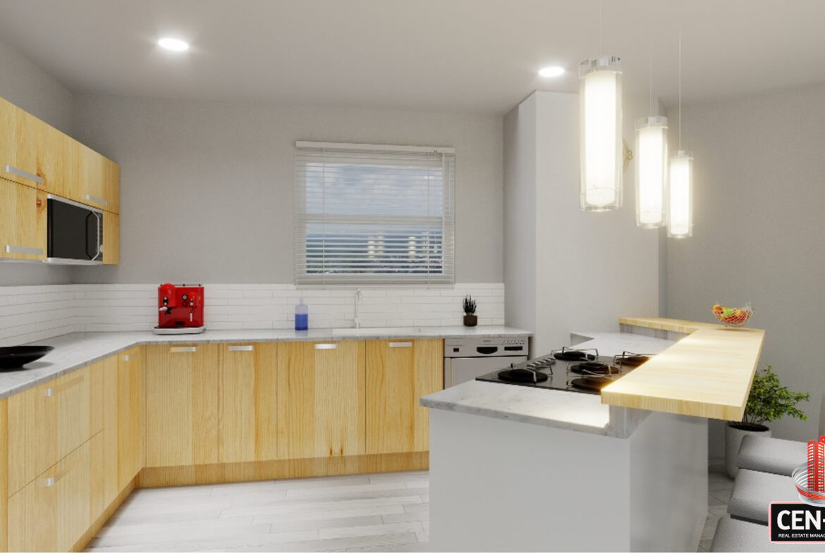 Modern kitchen with stainless steel appliances and granite countertops in a luxury apartment