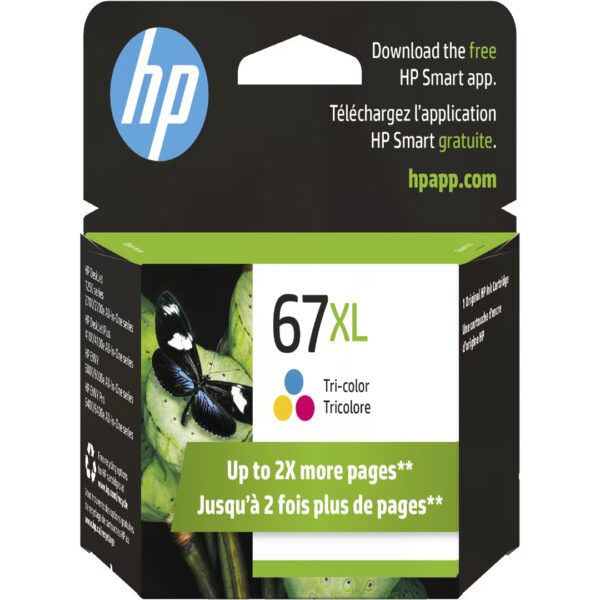 A box containing an HP 67XL high yield tri-color ink cartridge with English and French text. Text on the box also lists compatible HP DeskJet, ENVY, and HP DeskJet Plus printer models.