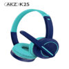 Blue AKZ K25 wireless headphones with over-the-ear cups, an adjustable headband, and a built-in microphone boom.