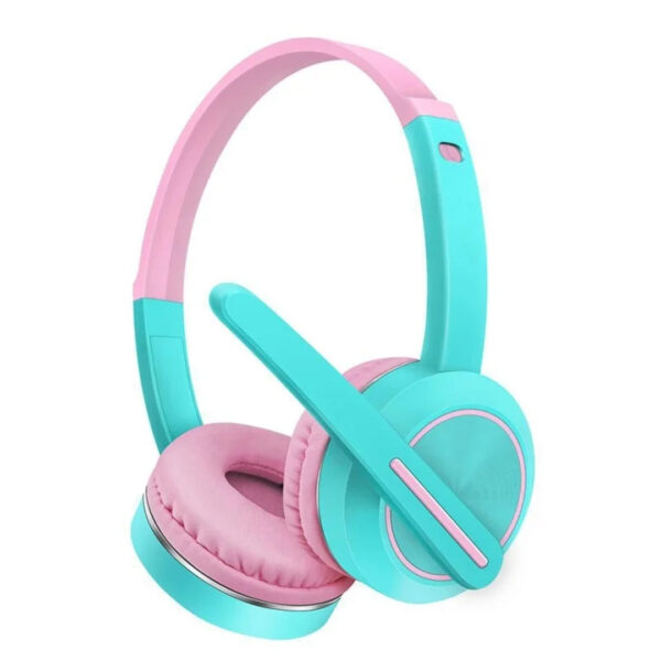 Pink AKZ K25 wireless headphones with over-ear cups, an adjustable headband, and a built-in microphone boom with a red LED indicator.