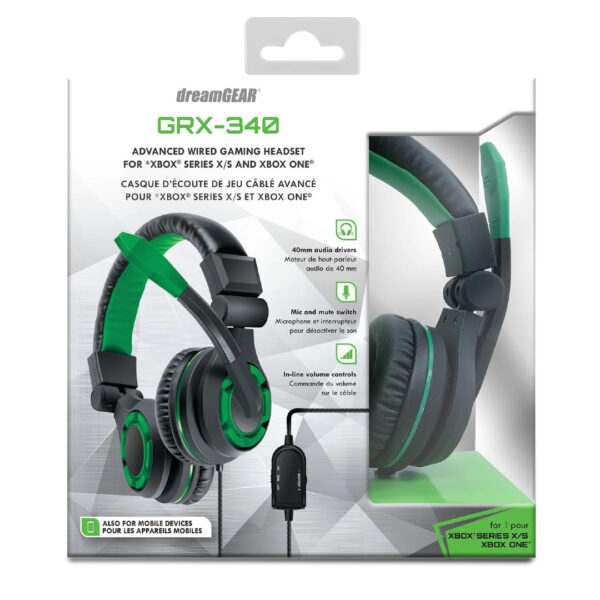 Box containing a dreamGEAR GRX-340 Advanced Wired Gaming Headset in black with red accents. The box also highlights compatibility with Xbox One, Xbox 360, Nintendo Switch, mobile devices, and other systems.