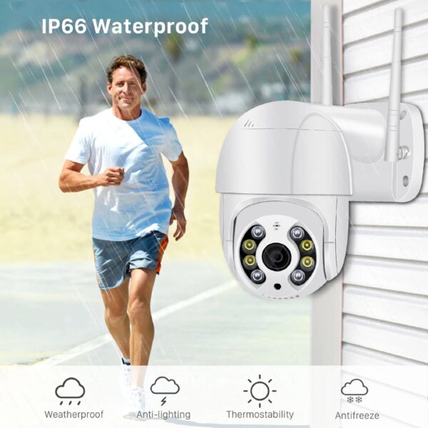 Weatherproof outdoor security camera in white housing with IP66 waterproof rating.