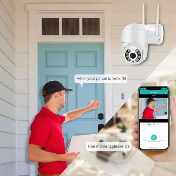 Outdoor security camera with two-way audio, showing a delivery person at the door and remote interaction via a smartphone app.