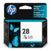 A box containing an HP 28 tri-color ink cartridge with French and English text. Text on the box also lists compatible HP DeskJet, OfficeJet, and PSC printer models.