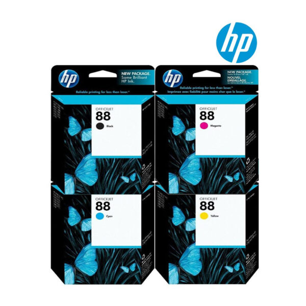 A set of four HP 88 ink cartridges in separate packages. The cartridges are black, cyan, magenta, and yellow.