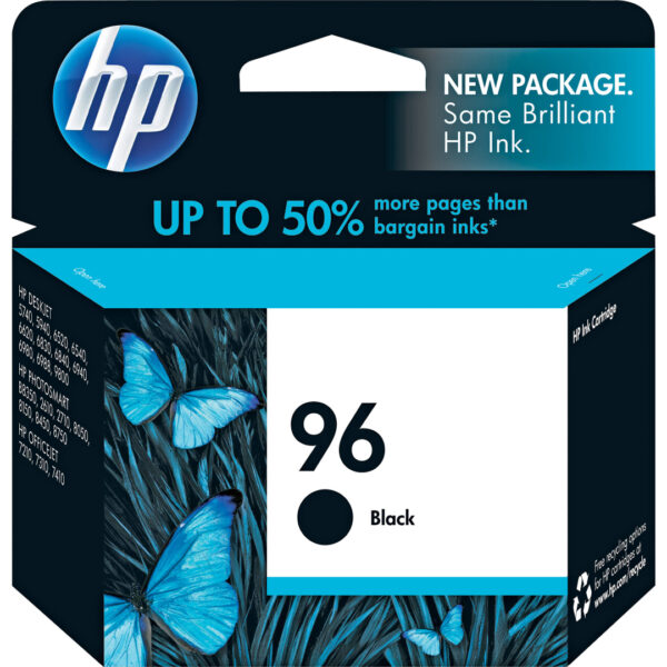 Black HP 96 ink cartridge with a blue butterfly on it. The box also lists compatible HP DeskJet, OfficeJet, and PhotoSmart printer models.