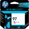 HP 97 Tri-color ink cartridge with new packaging design. Text on the box says HP, 97, Tri-color, and lists compatible HP DeskJet, OfficeJet, and PhotoSmart printer models.