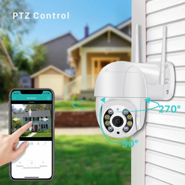Outdoor security camera with PTZ control features, mounted on a house exterior, showing 270° horizontal and 90° vertical rotation.