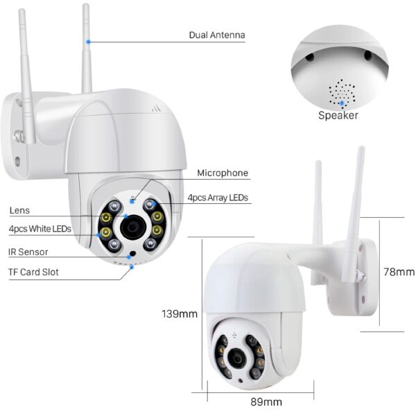 Diagram of a white outdoor security camera with a microphone, speaker, dual antenna, IR sensor, TF card slot, and LED lights.