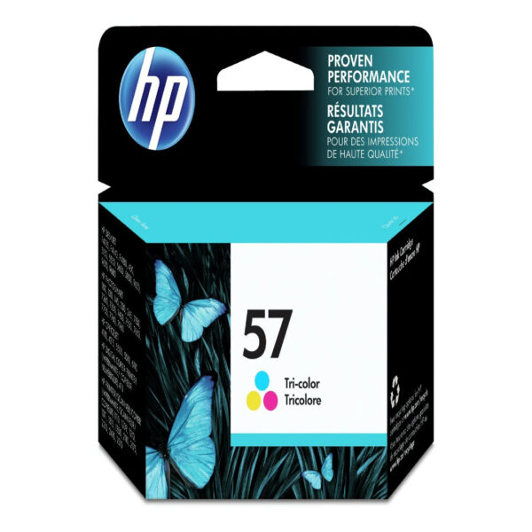 Box of HP 57 tri-color ink cartridges in English and French. Text on the box also lists compatible HP printer models.