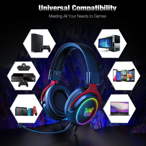 Black Onikuma X10 gaming headset with over-ear cups, an adjustable microphone, and RGB lighting.