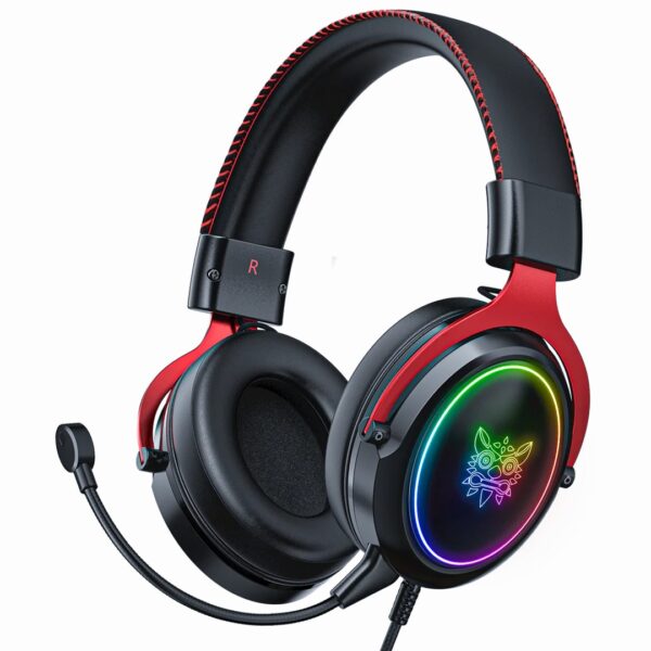 Black Onikuma X10 gaming headset with over-ear cups, an adjustable microphone, and volume control on the left ear cup. There is also a braided cable attached to the left ear cup.