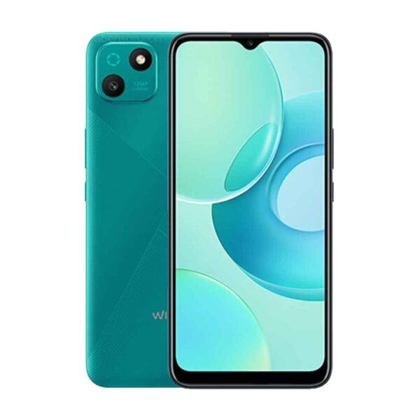 A green Wiko T-10 smartphone with a dewdrop notch display and dual rear cameras.