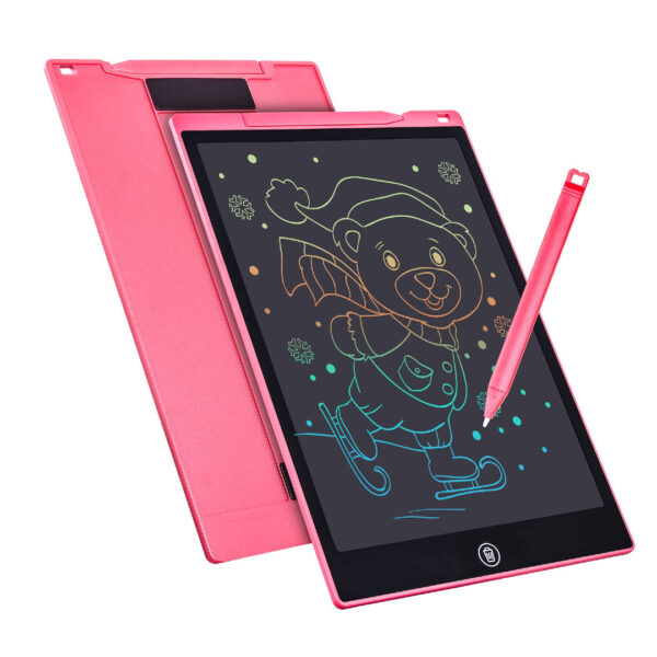 A blue kid’s writing tablet with a stylus attached to the side by a lanyard. The tablet has a clear drawing area and a button in the corner.