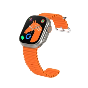 A side view of the Ultra 2 Smart Watch 7 with an orange sport band, highlighting its sleek and modern design.