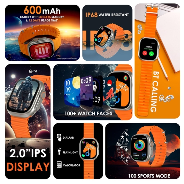 A collage showcasing various features and functionalities of the Ultra 2 Smart Watch 7, including a long battery life, water resistance, Bluetooth calling, a large display, multiple watch faces, sports modes, and built-in utilities like a flashlight and calculator.