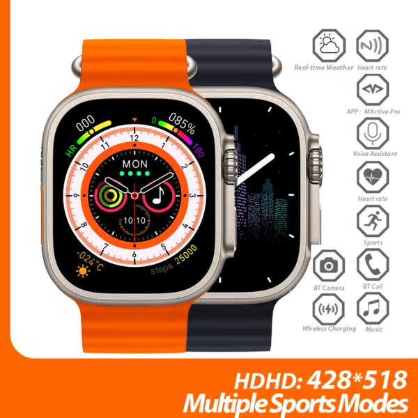 Two Ultra 2 Smart Watches 7 displayed side-by-side, one with an orange band and the other with a black band, showcasing the watch's features and functionalities on the screen.