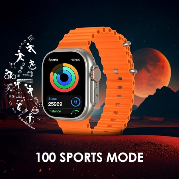 An Ultra 2 Smart Watch 7 with an orange sport band, showcasing its sleek design against a futuristic, space-themed background.