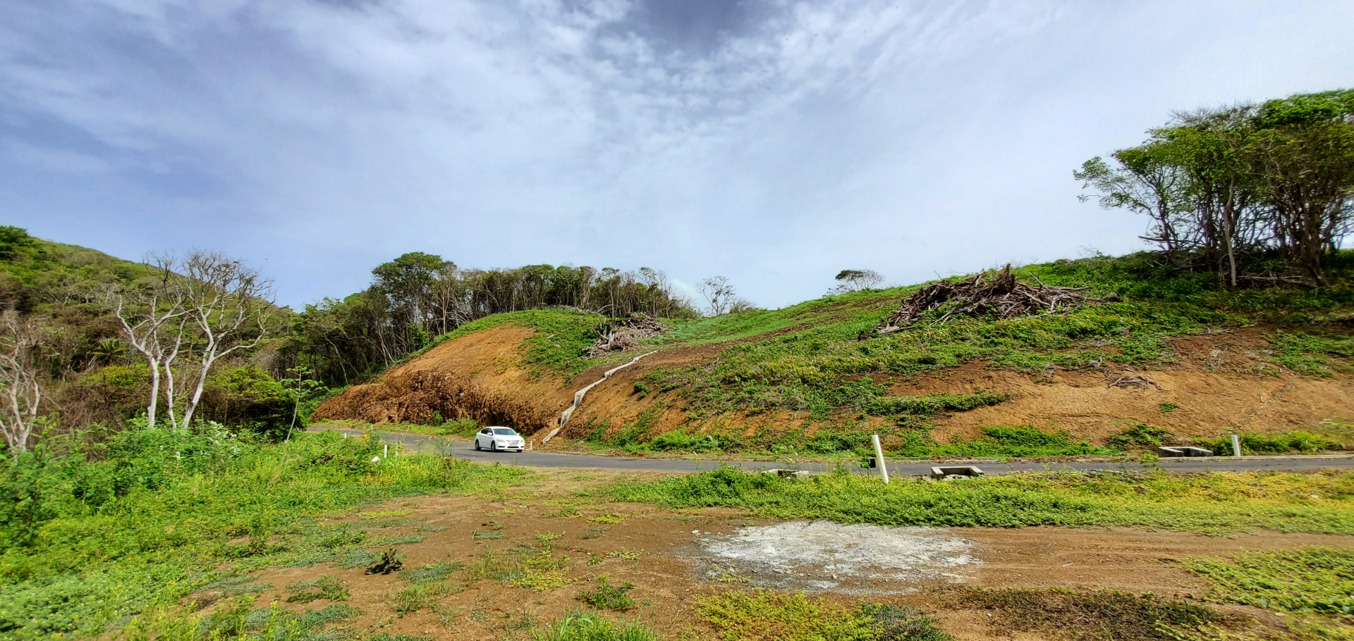 A panoramic view of a winding road leading through lush green hills and tropical vegetation at Hope Estate, Tobago. A car is driving along the road, showcasing the accessibility of the community.