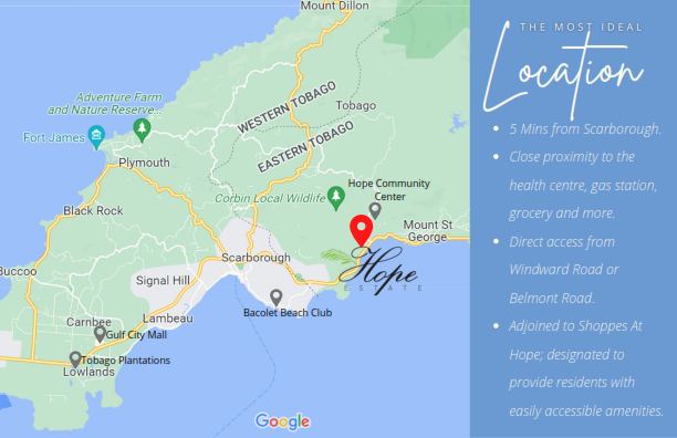 Map of Hope Estate Tobago, showcasing available land plots for sale.