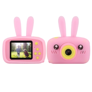 Pink digital rabbit camera, showing front and back with screen display