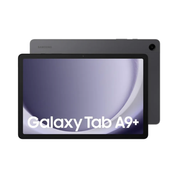 Samsung Galaxy Tab A9+ tablet in hand, showcasing its sleek design and large display.