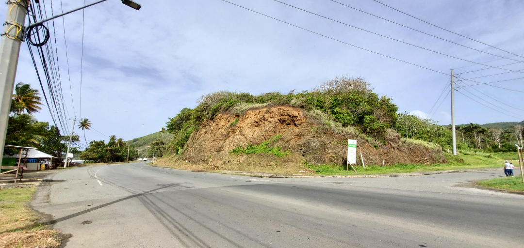 A view of a hilly landscape at Hope Estate, Tobago, with lush vegetation and a glimpse of the ocean in the distance.