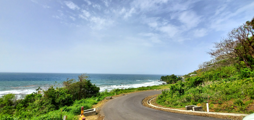 A winding road at Hope Estate, Tobago, with stunning views of the Caribbean Sea and lush green vegetation.