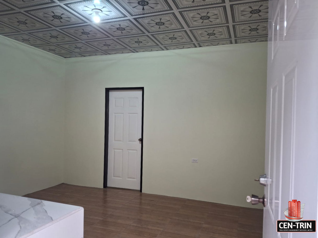 Interior view of an apartment room with light green walls, a decorative patterned ceiling, and a white door leading to another room. Part of a white countertop is visible in the foreground.