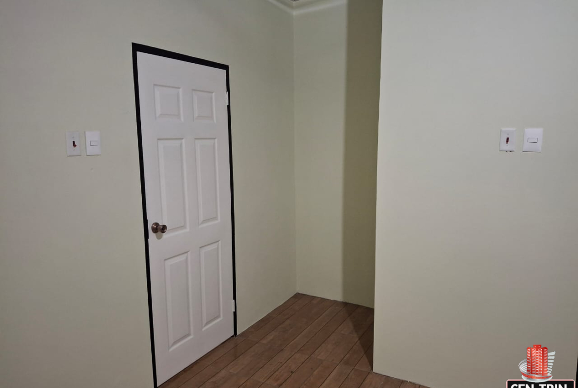 Interior view of a room in an apartment featuring light green walls, a patterned ceiling, a white six-panel door with a black frame, wood-look vinyl flooring, and two white electrical outlets on the wall.